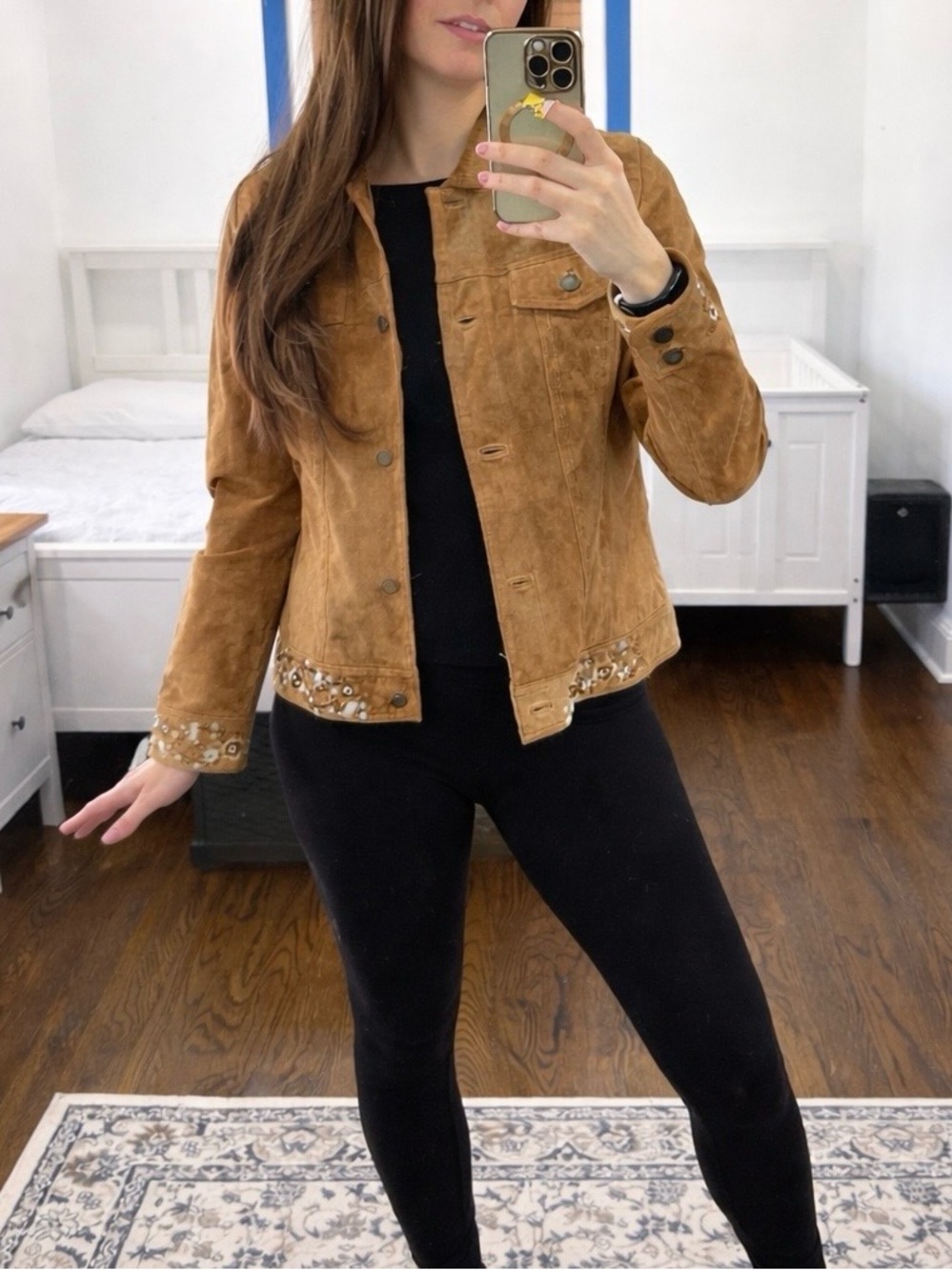 Suede Embellished Jacket - Camel Embroidered Fitted Vintage